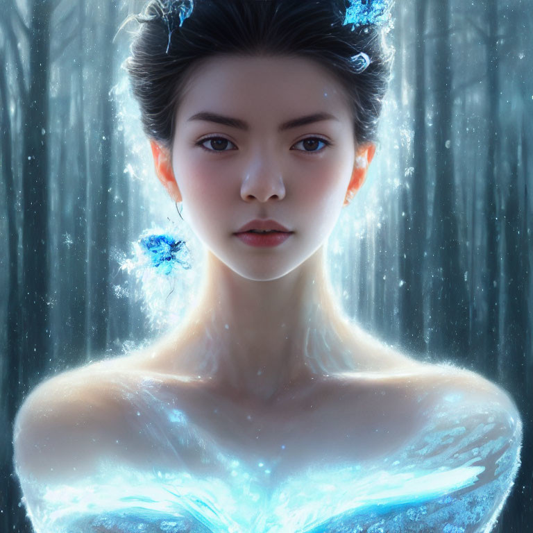 Woman with glowing translucent skin in magical frost setting with ice crystals in hair