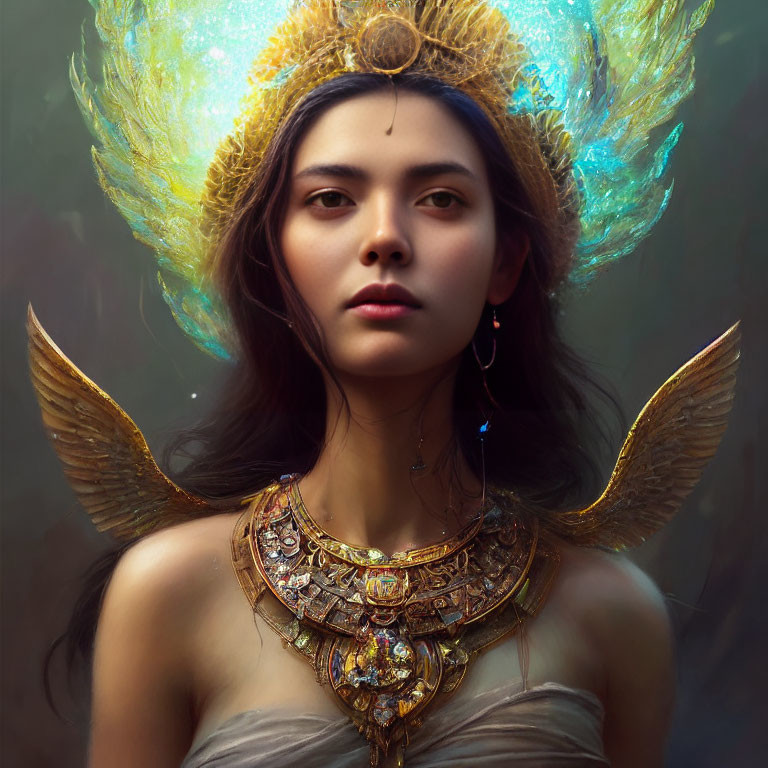 Majestic woman with golden headpiece and winged necklace gazes forward