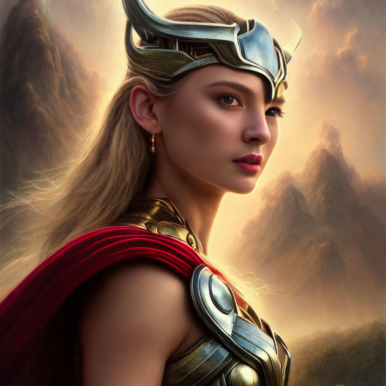 Fantasy warrior woman in winged helmet portrait with mountainous backdrop