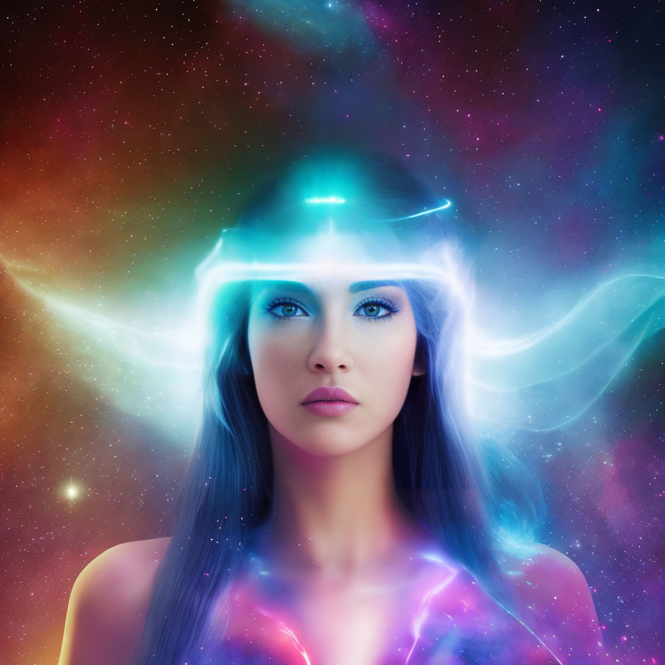 Woman with glowing visor in cosmic background - Futuristic Sci-fi Theme