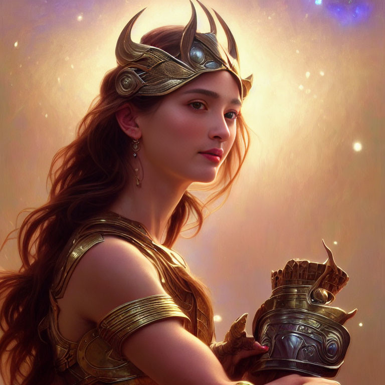 Mystical woman in ornate crown and armor against glowing backdrop