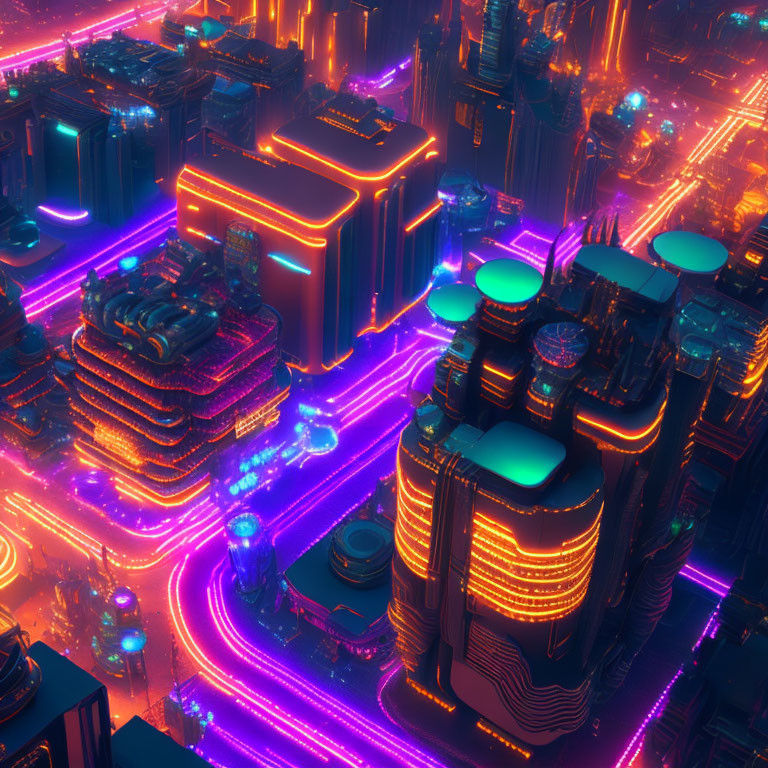Futuristic Cyberpunk Cityscape with Neon Roads & High-Rise Buildings