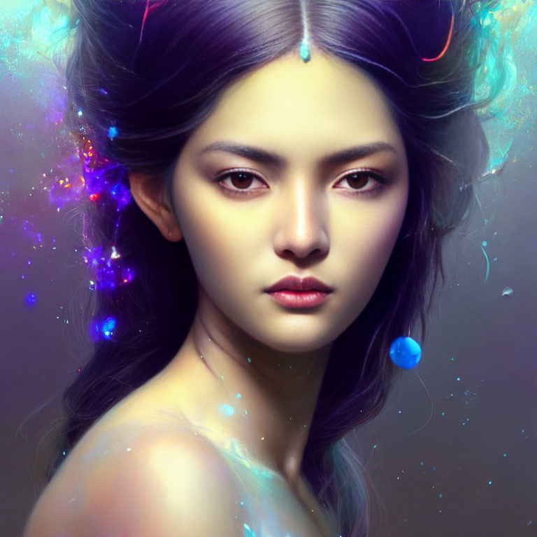 Digital Artwork: Woman with Purple Hair and Glowing Orbs