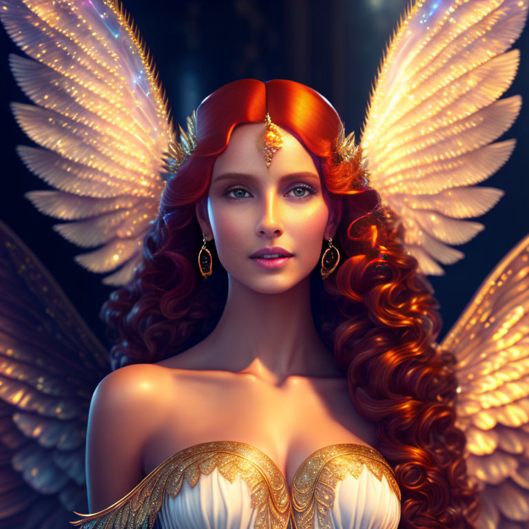 Digital artwork: Woman with red hair, angelic wings, gold jewelry, and ethereal aura in