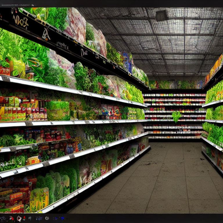 Fully stocked grocery store with fresh produce and packaged goods under bright lighting