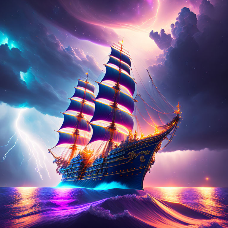 Tall ship with illuminated sails on purple waters under stormy sky
