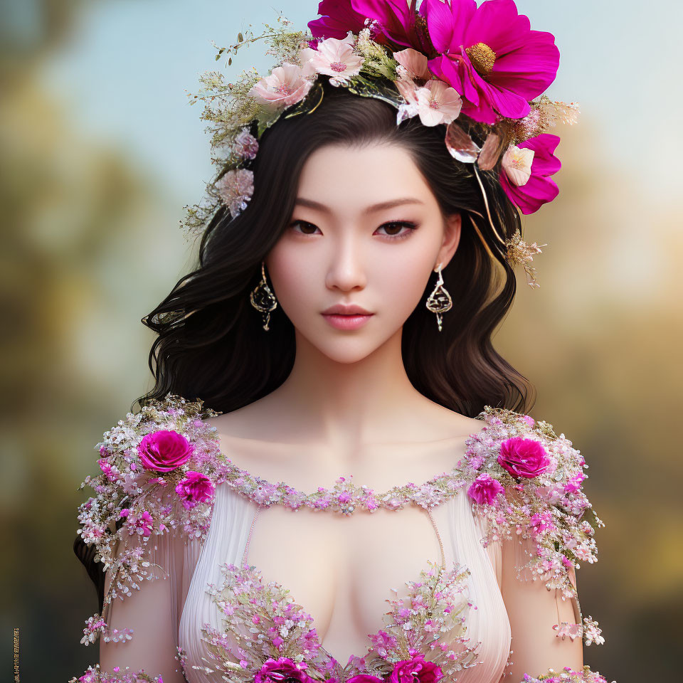 Woman in Floral Crown and Pink Rose Dress with Deep V-Neckline and Wavy Hair Portrait
