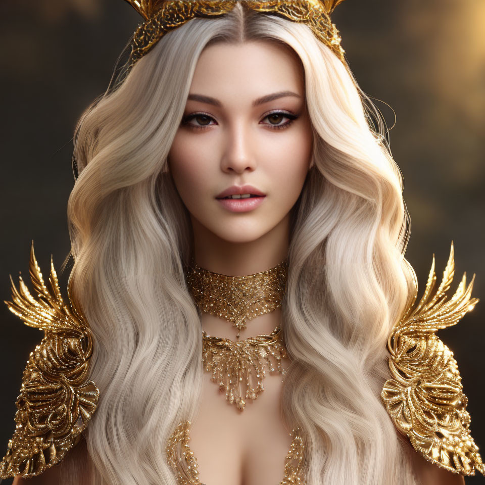 Blonde woman in golden crown and armor exudes regal elegance