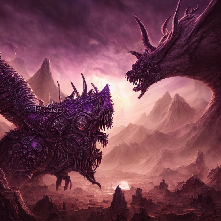 Fantastical landscape with purple skies, jagged mountains, and fierce armored dragons in dramatic confrontation