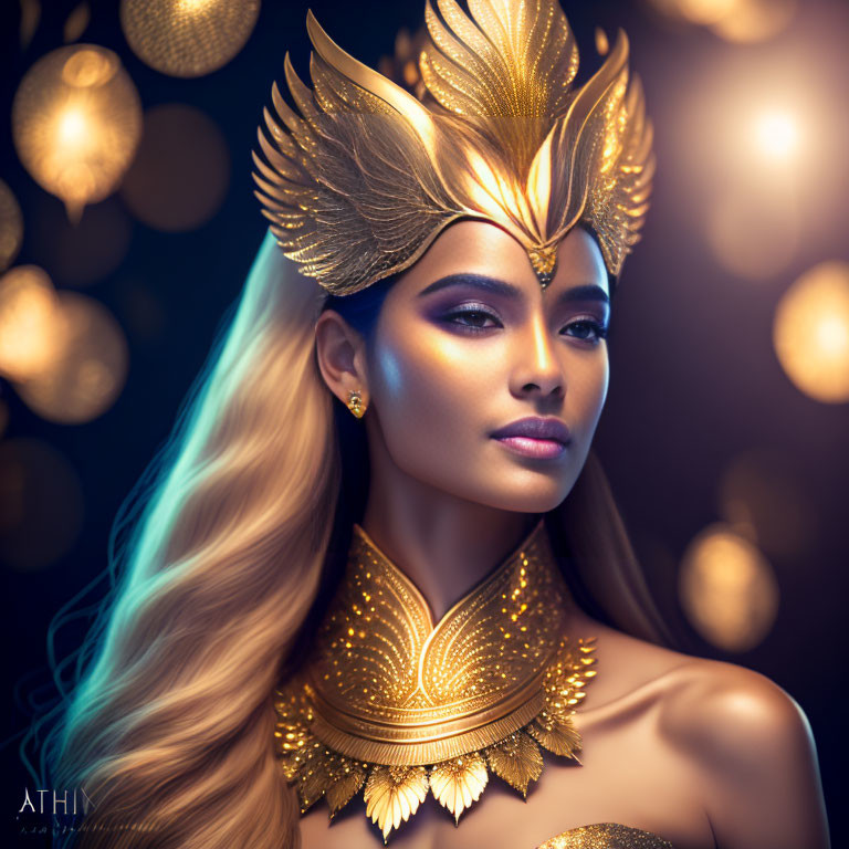 Woman in golden headdress and jewelry in mystical setting.