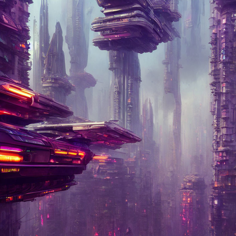 Futuristic cityscape with towering skyscrapers and flying vehicles in purple haze