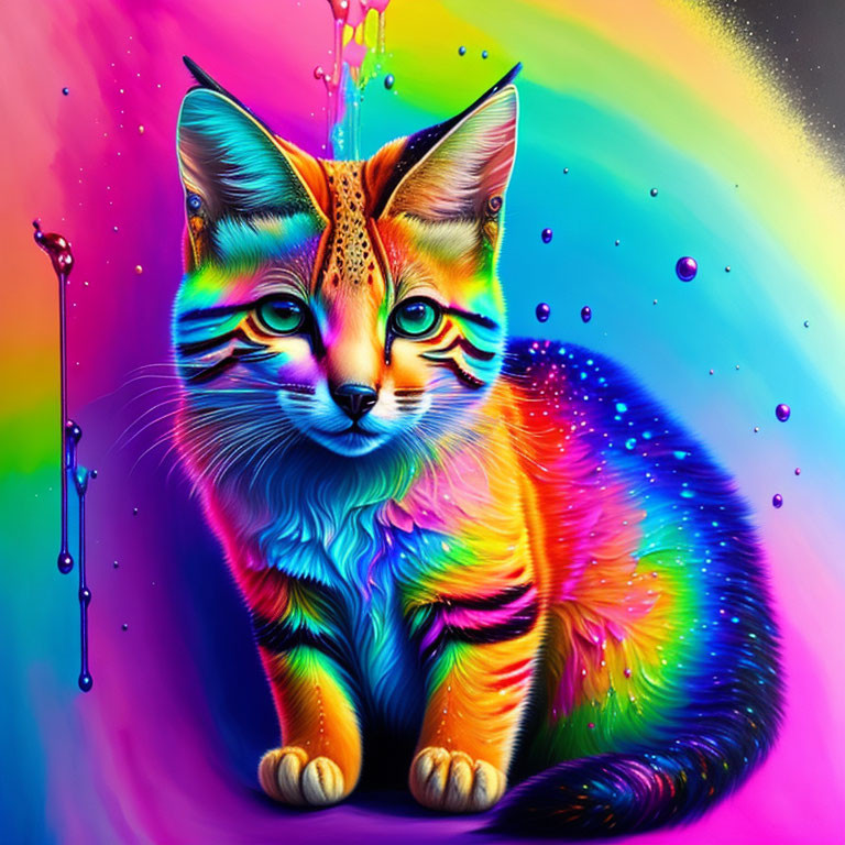 Colorful digital artwork featuring a rainbow cat with paint splashes