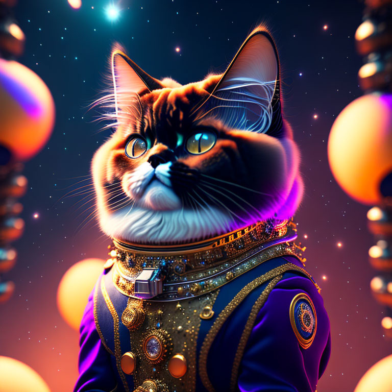 Regal cat in royal attire against cosmic background