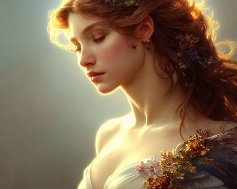 Serene woman with floral crown in soft glow