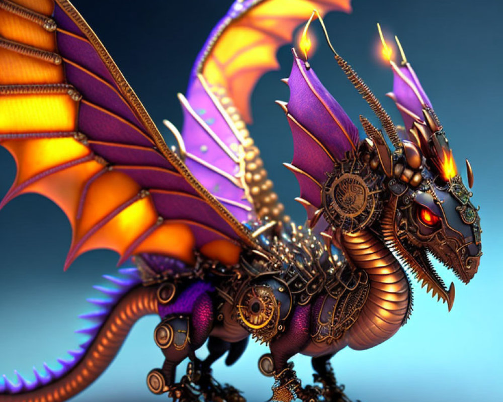 Detailed mechanical dragon with golden armor and colorful wings