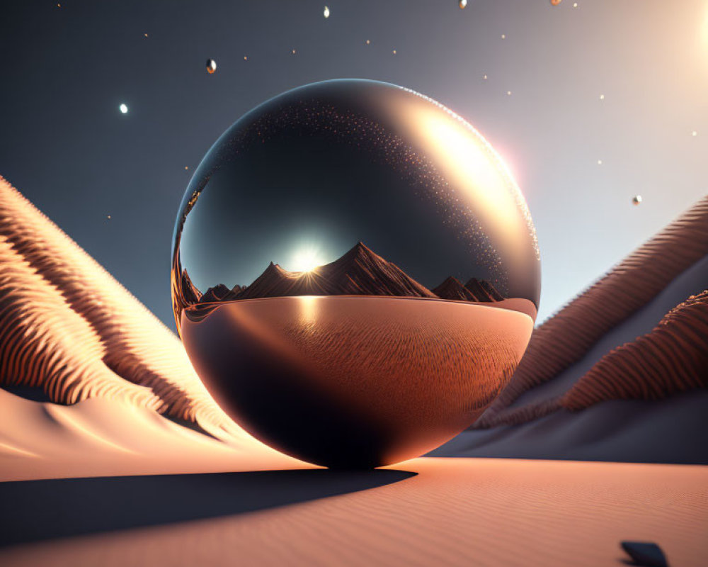 Reflective sphere in desert with mountains and sunset sky, floating spheres in the air
