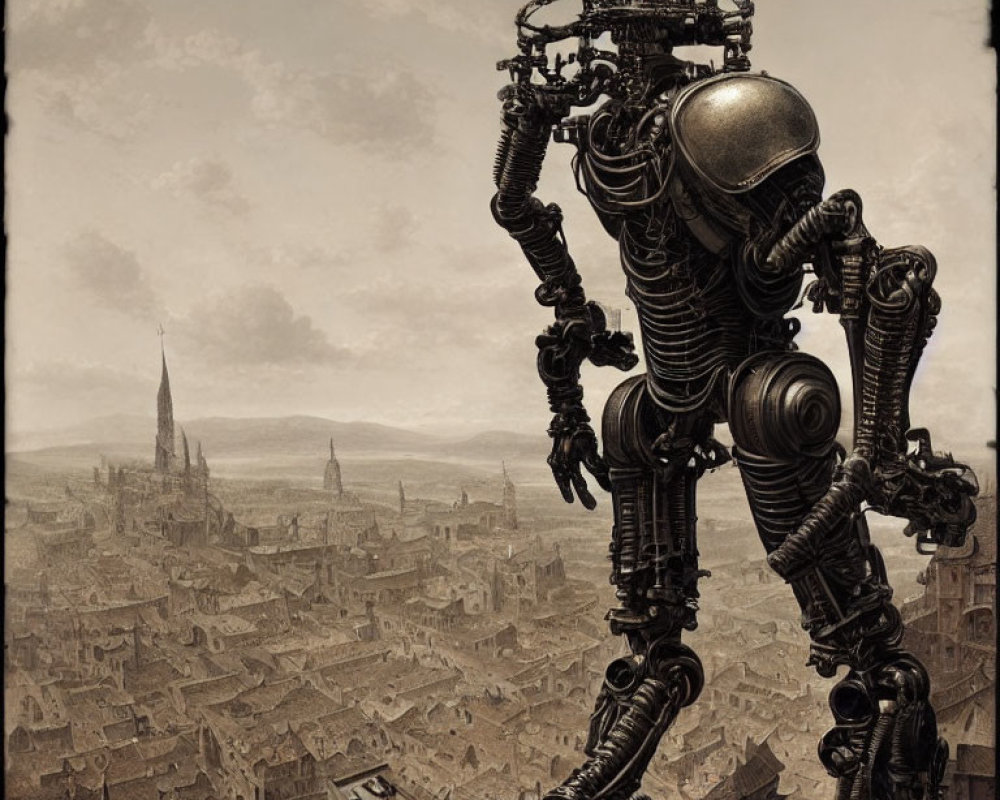 Giant robot with intricate details in old cityscape under cloudy sky