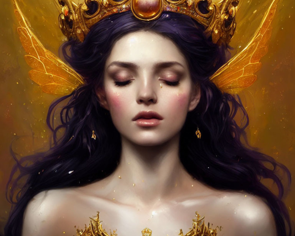 Fantasy queen portrait with purple hair, golden crown, and fairy wings