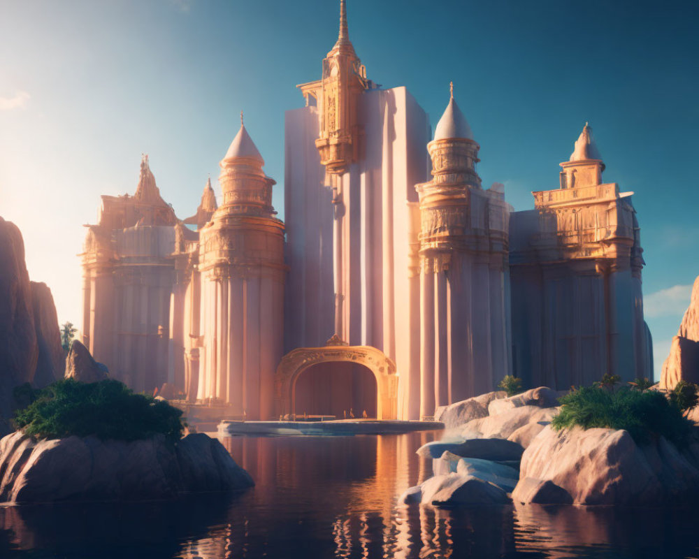 Ethereal fantasy castle in sunlight by tranquil lake