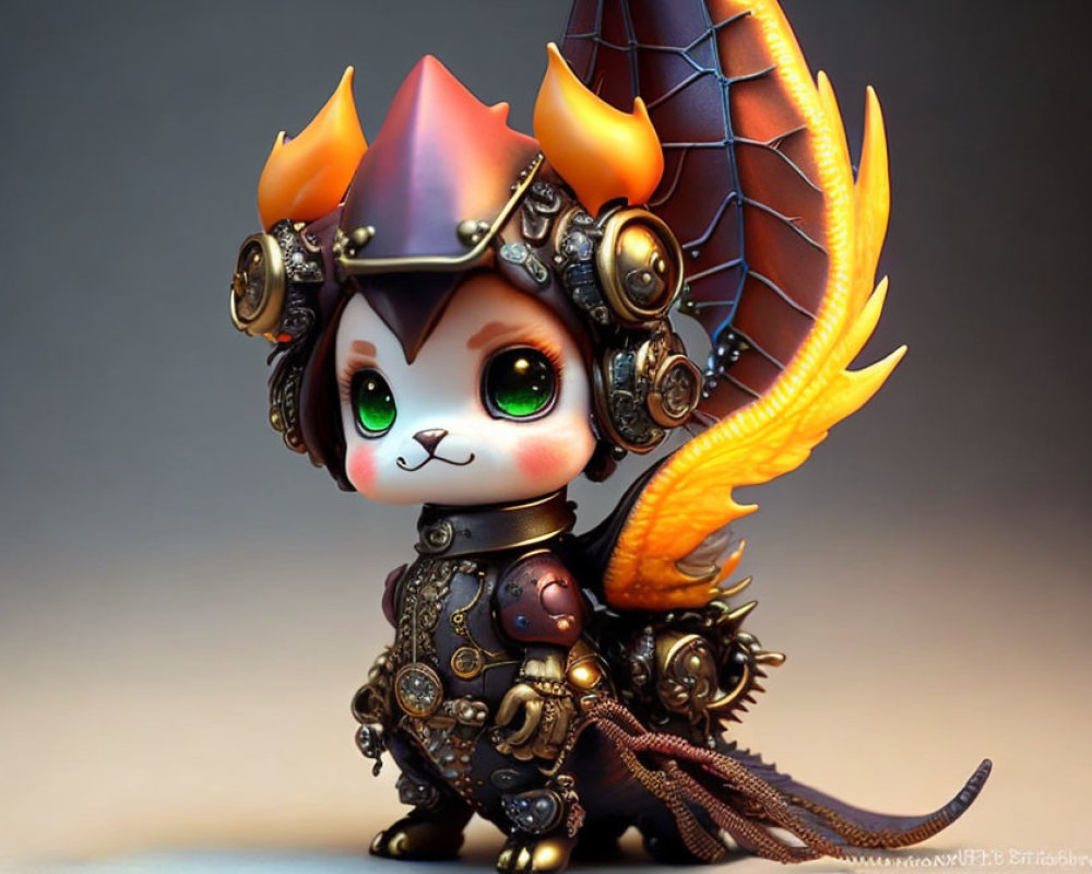 Fantastical creature figurine: feline features, flame-like ears, green eyes, ornate