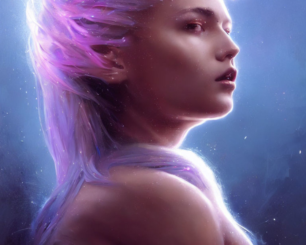 Digital artwork featuring woman with purple-tinted hair in stormy backdrop