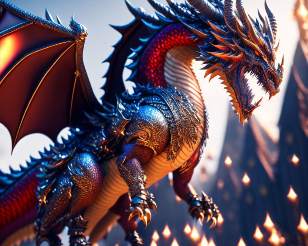 Detailed CGI dragon in fiery landscape with large wings