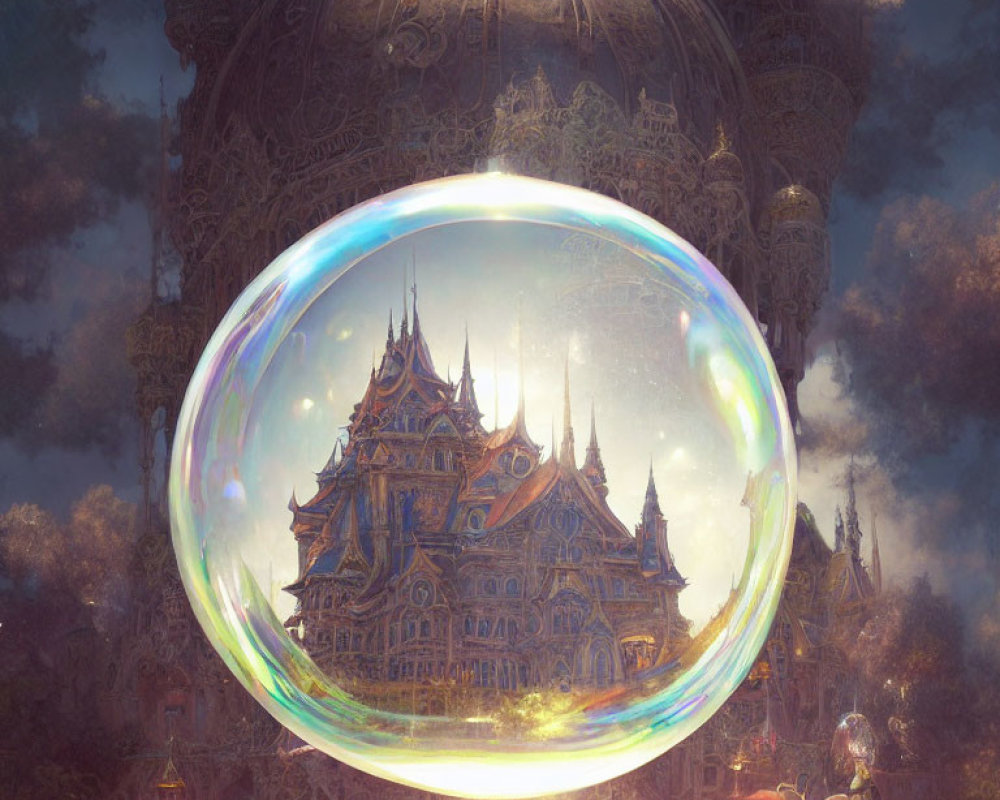 Fantastical city with ornate spires in giant shimmering bubble.
