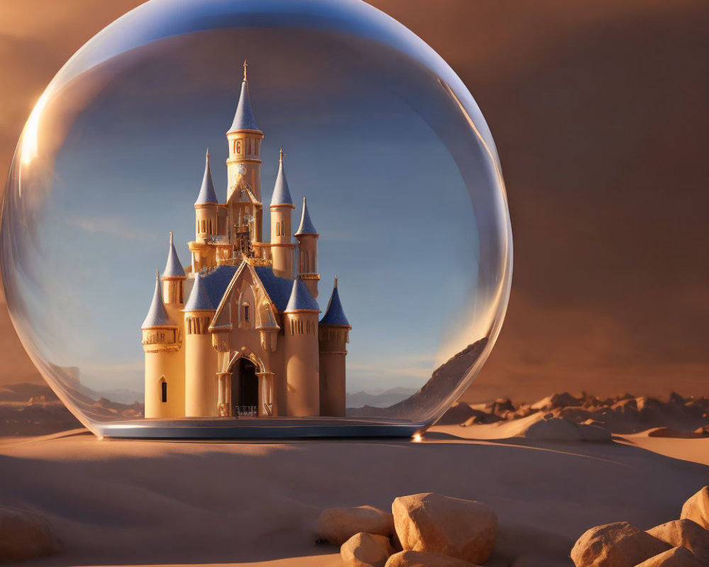 Transparent Sphere Encompassing Fantasy Castle in Desert Sunset