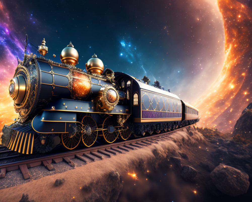 Fantastical steam train on rocky landscape under galaxy-studded sky
