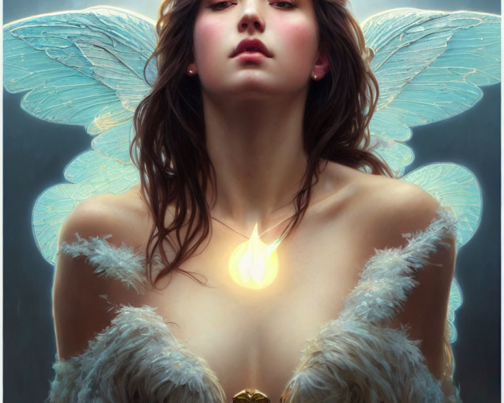 Ethereal figure with glowing heart pendant and wings in soft light