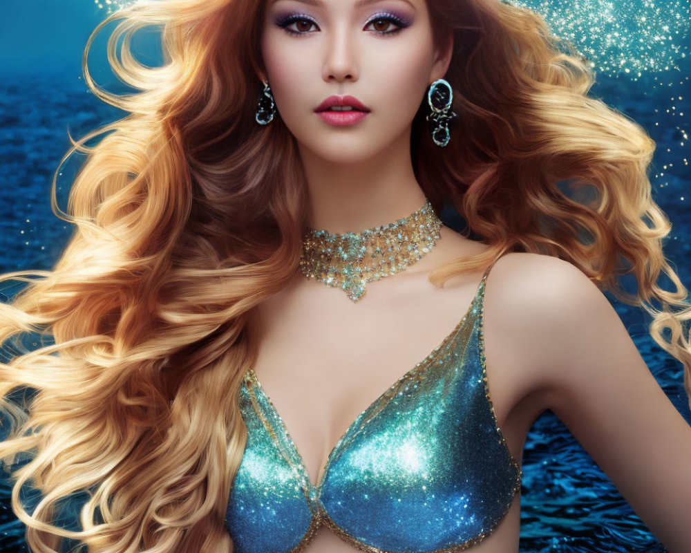 Curly golden-haired woman in glamorous makeup and jewelry on blue watery backdrop