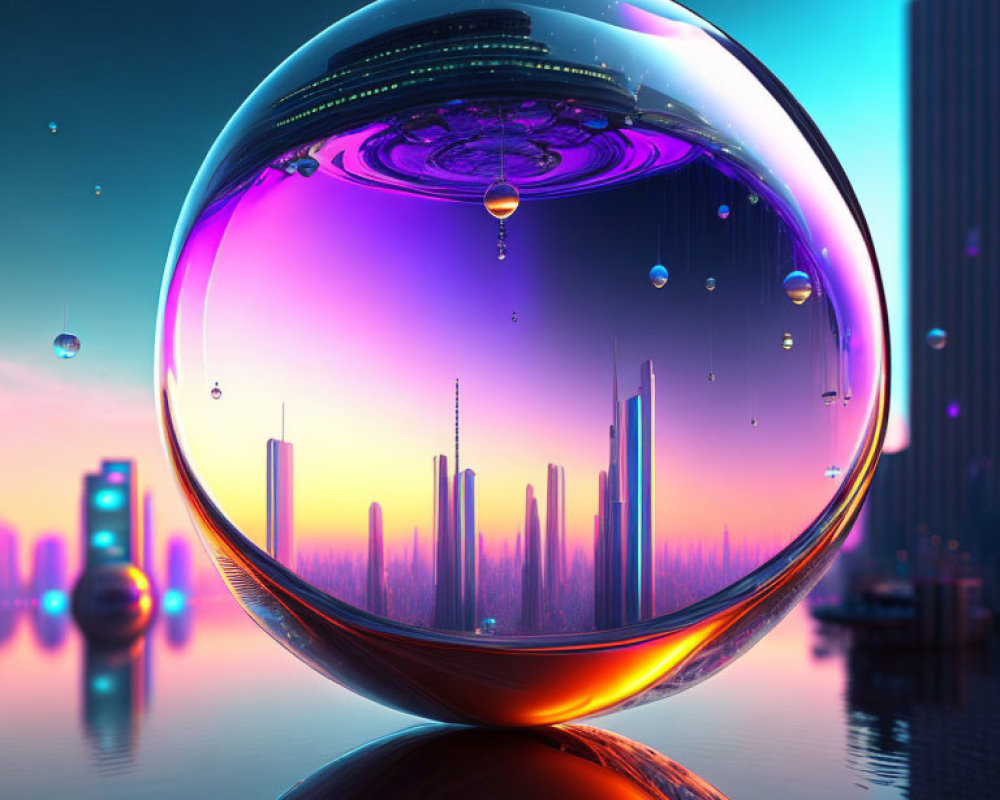 Vibrant digital art: crystal ball reflects futuristic cityscape