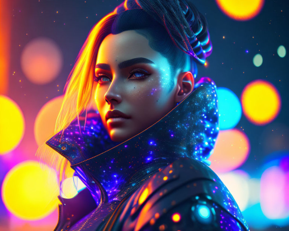 Futuristic woman with glowing star makeup and high-tech outfit