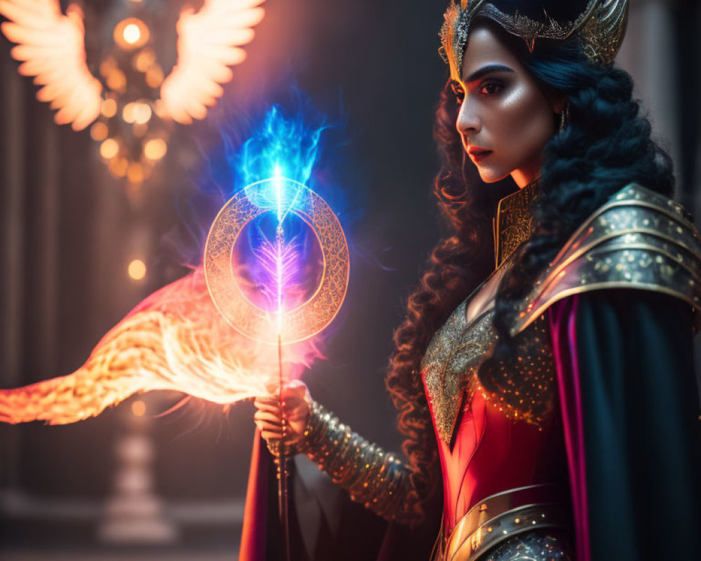 Fantasy artwork of regal woman in elaborate armor with glowing staff