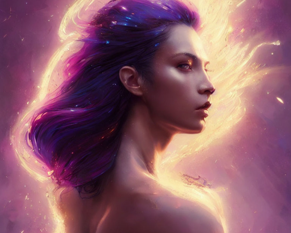 Person with Purple and Blue Hair in Cosmic Nebula Background