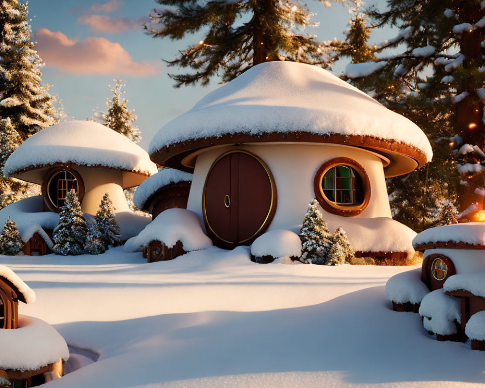 Snow-covered cottage with mushroom-like roof in serene winter landscape