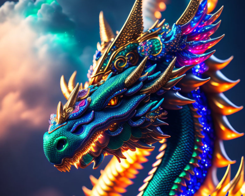 Colorful Dragon with Golden Horns and Fiery Mane on Cloudy Sky Background