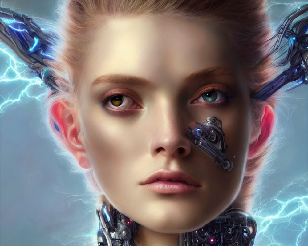 Futuristic digital artwork of a woman with cybernetic enhancements
