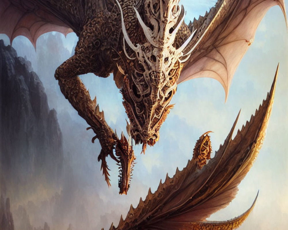 Detailed Dragon with Armor-like Scales Soaring Above Clouds