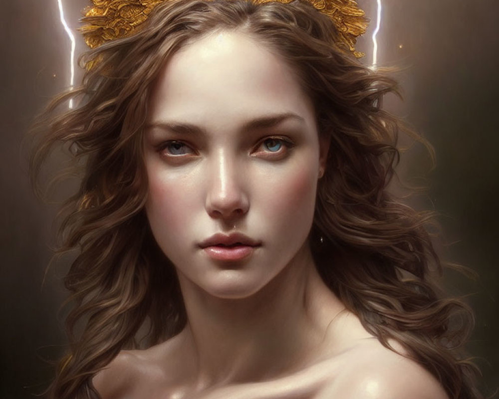 Ethereal portrait of woman with golden headpiece and flowing brown hair