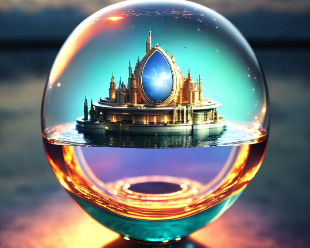 Crystal ball shows majestic castle with blue gem at sunset