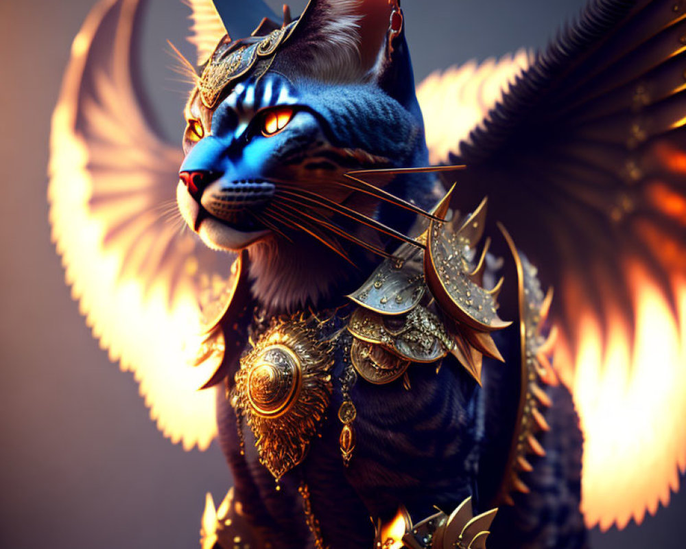 Majestic winged cat in golden armor with noble presence