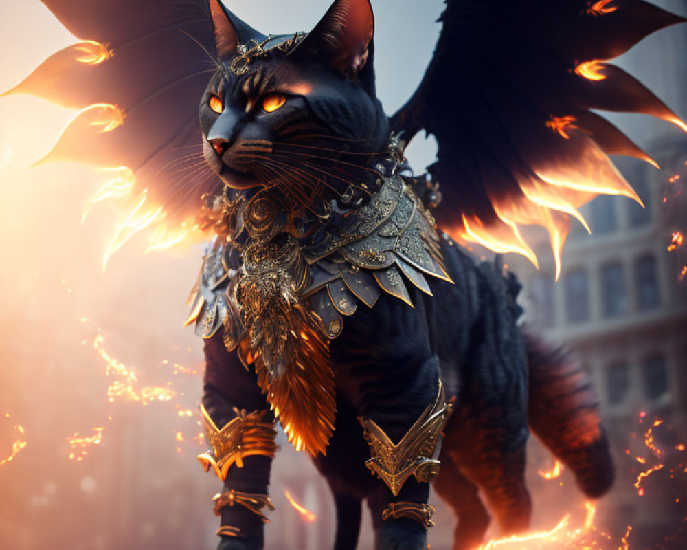 Winged cat in ornate armor with flaming eyes in urban landscape