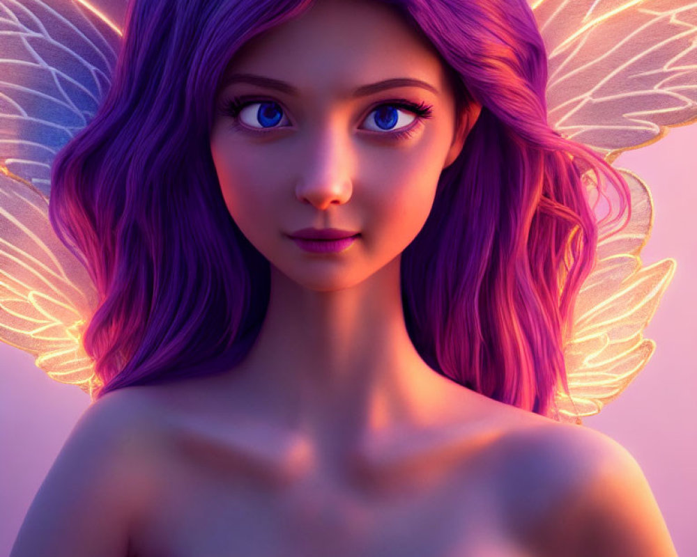 Digital artwork: Purple-haired fairy with glowing wings in golden attire on pink background.