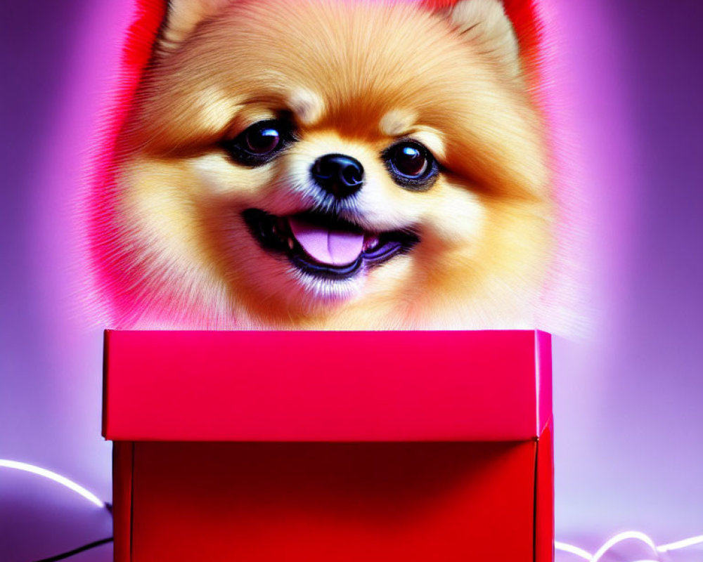 Smiling Pomeranian Dog on Neon Purple Background