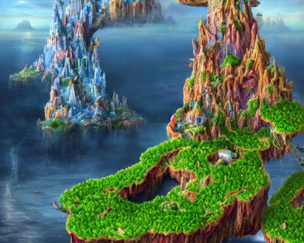 Fantastical landscape with floating islands and crystal castles