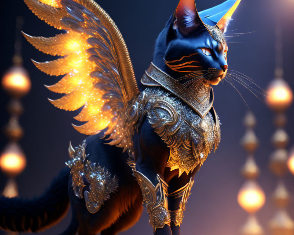 Armored cat with golden wings among glowing lanterns