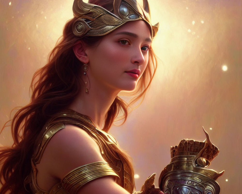 Mystical woman in ornate crown and armor against glowing backdrop