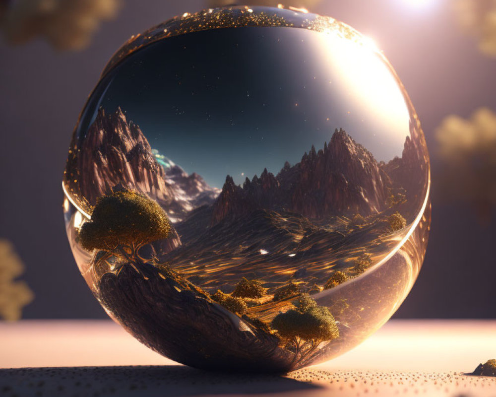 Transparent sphere encapsulating mountainous landscape under starry sky