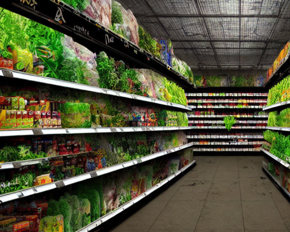 Fully stocked grocery store with fresh produce and packaged goods under bright lighting